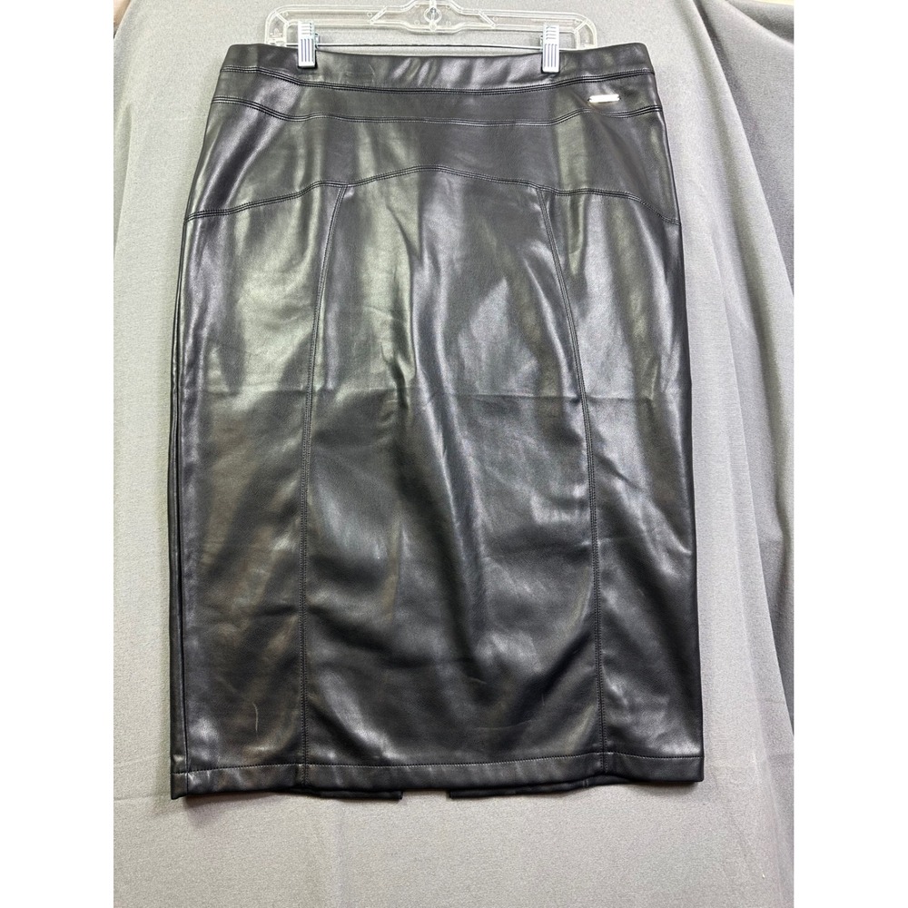 Marc New York Andrew Marc Black Faux Leather Pencil Skirt Womens Large‎ Midi L